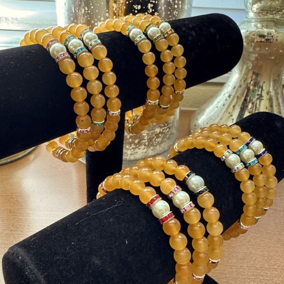 Golden Yellow Bead Bracelets with Simulated Pearl & Rhinestone Spacers - Picture 3 of 9